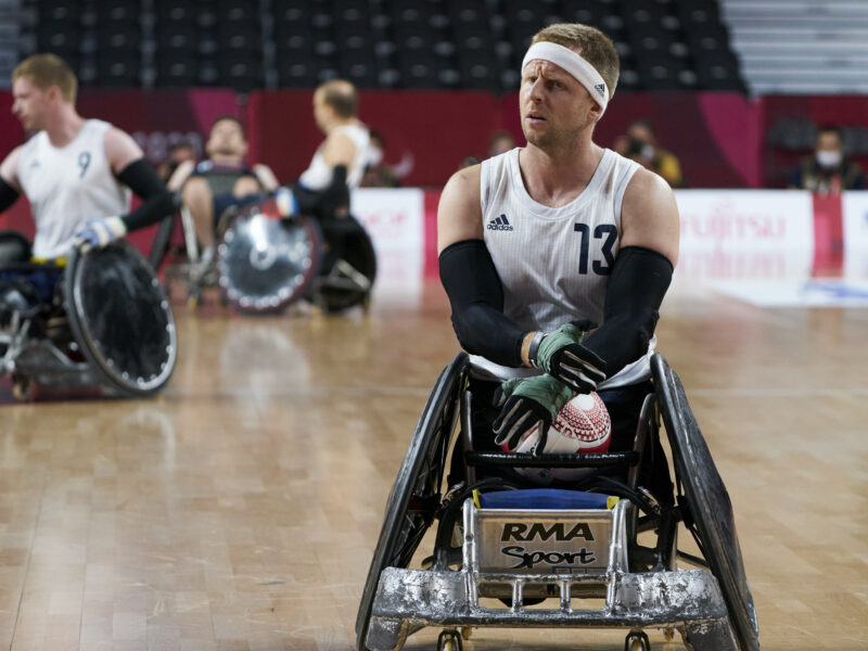 Free for editorial use image, please credit: imagecommsParalympicsGB Wheelchair Rugby Team Mix, Aaron Phipps aged 38, from Southampton, competing in the final, Great Britain vs USA, the Tokyo 2020 Paralympic Games.ParalympicsGB is the name for the Great Britain and Northern Ireland Paralympic Team that competes at the summer and winter Paralympic Games. The Team is selected and managed by the British Paralympic Association, in conjunction with the national governing bodies, and is made up of the best sportsmen and women who compete in the 22 summer and 4 winter sports on the Paralympic Programme.For additional Images please visit: https://www.digitalcontentdownload.com/paralympicsgb_2020/For more information please contact the ParalympicsGB Press Office via press@paralympics.org.ukIf you require a higher resolution image or you have any other photographic enquiries, please contact imagecomms on +44 (0)20 7160 6282 or email hello@imagecomms.com
This image is copyright imagecomms 2021©.This image has been supplied by imagecomms and must be credited imagecomms. The author is asserting his full Moral rights in relation to the publication of this image. Rights for onward transmission of this image or file is not granted or implied. Changing or deleting Copyright information is illegal as specified in the Copyright, Design and Patents Act 1988. If you are in any way unsure of your right to publish this image please contact imagecomms on +44 (0)20 7160 6282 or email hello@imagecomms.com